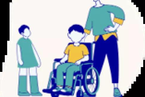 un enfant en fauteuil roulant avec drrire lui un homme et un autre enfant debout à côté de lui