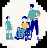 un enfant en fauteuil roulant avec drrire lui un homme et un autre enfant debout à côté de lui