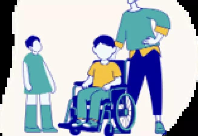 un enfant en fauteuil roulant avec drrire lui un homme et un autre enfant debout à côté de lui